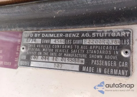 1974 Mercedes-Benz 450Sl z USA, uszkodzony, nr VIN 10704412019588